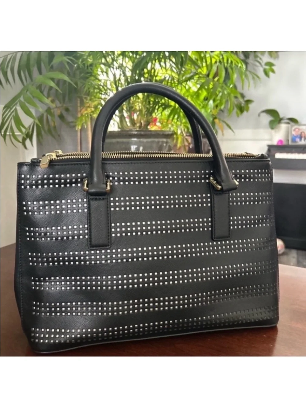 Tory Burch Black Perforated Leather Tote with Gold Logo
